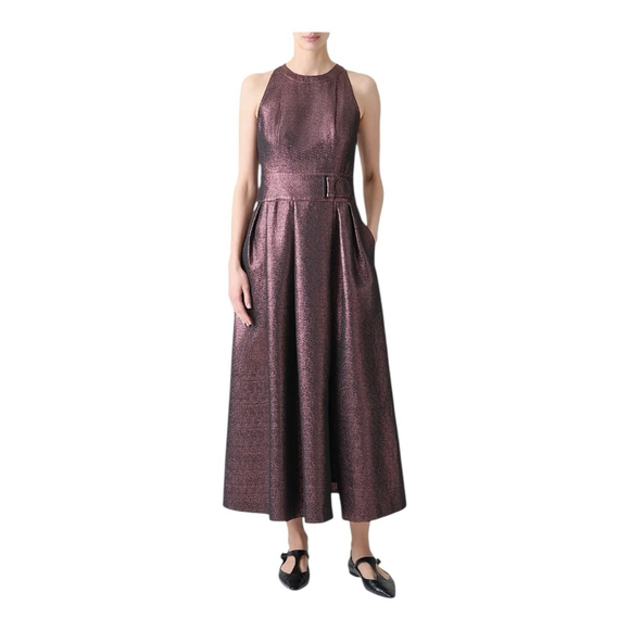 Women's Akris Punto Metallic Purple Crepe Belted Midi Dress Size 6